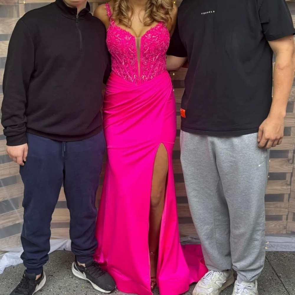 Sherri Hill Fuchsia Beaded Prom Dress with Thigh Slit